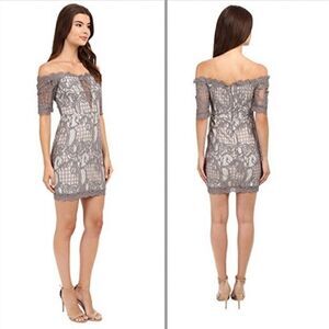 Soieblu Off-Shoulder Lace Cocktail Dress in Gray